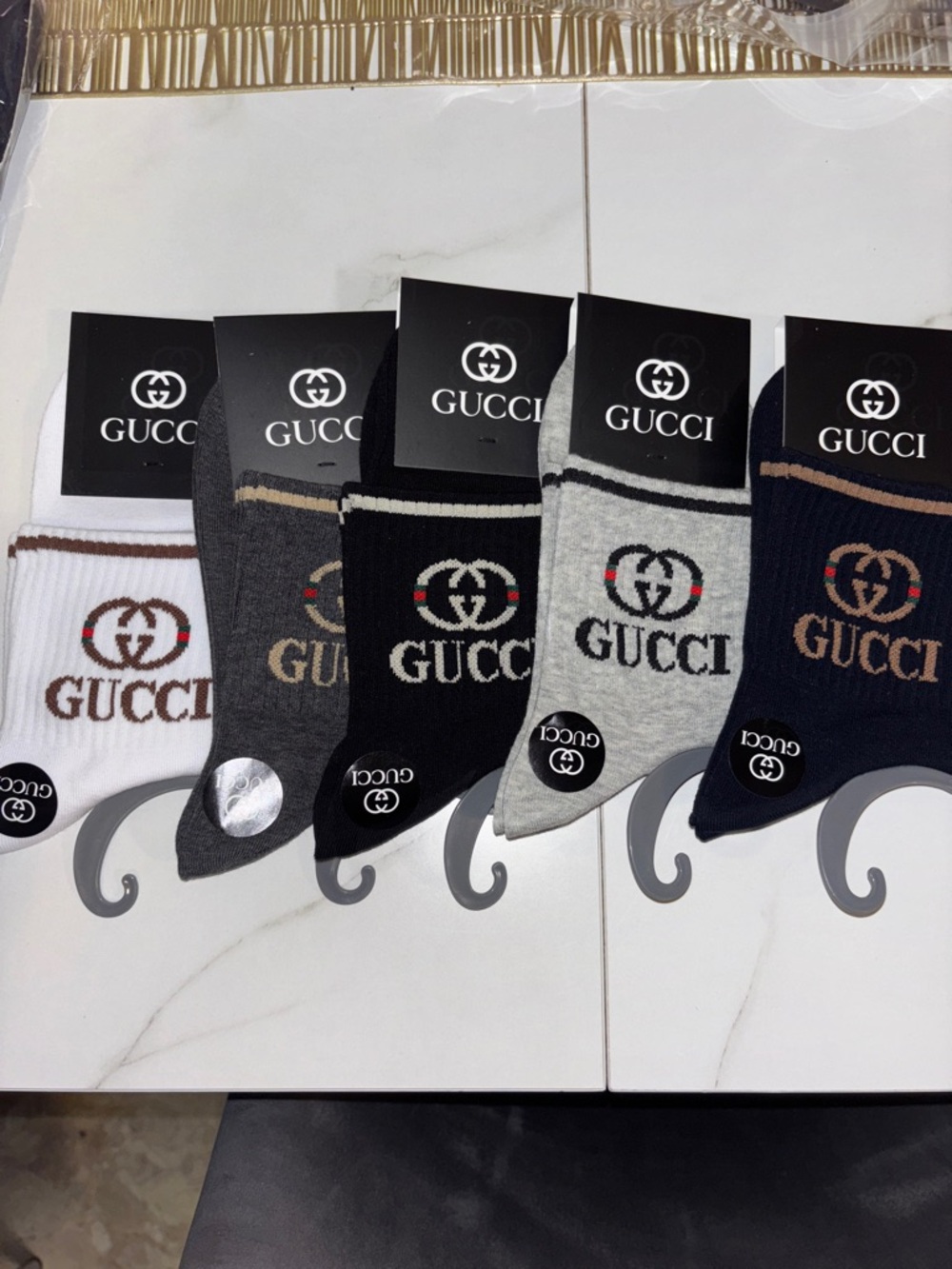 5 pairs Gucci Men's Logo Crew Socks - White, Gray, Black, Navy, Charcoal